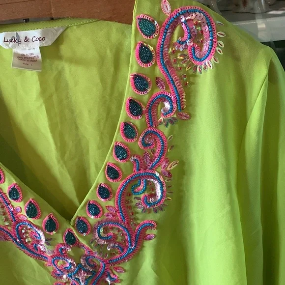 Lucky & Coco sz L Embroidered Lime Green beaded swimsuit coverup euc - Picture 5 of 6